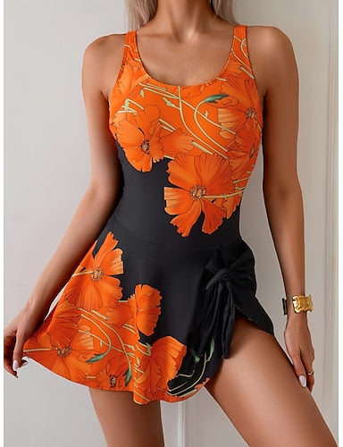 One Piece Swimsuit With Skirt Skirt Vacation Beach Wear Graphic U Neck Sleeveless Bathing Suits