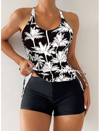 Tankini 2 Piece Swimsuit Palm Boy Leg Tummy Control High Waist Slim Backless Vacation Beach Wear Graphic U Neck Sleeveless Bathing Suits