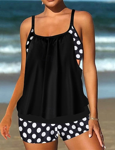 Tankini Two Piece Swimsuit Racerback Swimwear Spot Swimwear Black Red Breathable Quick Dry Lightweight Sleeveless - Swimming Surfing Beach Summer Spring