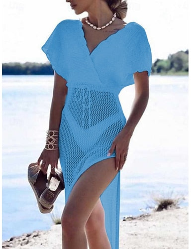 Cover Up Swimsuit Dress Cut Out Knit Vacation Beach Wear Color V Neck Short Sleeves Bathing Suits