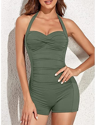 One Piece Swimsuit Slimming Ruched Swimming Suit With Shorts Monokini Halter Tummy Control High Waist Slim Backless Vacation Beach Wear Color Halter Neck Sleeveless Bathing Suits