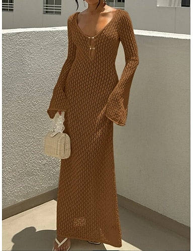 Swimwear Cover Up Swim Dress Swimsuit Crochet Vacation Beach Wear Color V Neck Long Sleeve Bathing Suits
