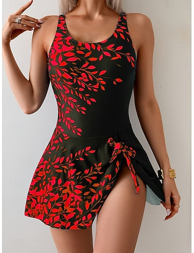 One Piece Swimsuit With Skirt Monokini High Cut Tummy Control High Waist Slim Backless Vacation Graphic U Neck Sleeveless Bathing Suits