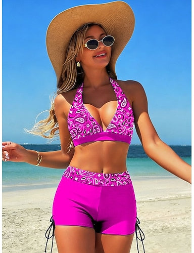 Bikini 2 Piece Swimsuit High Waist Backless Vacation Beach Wear Graphic Paisley V Neck Sleeveless Bathing Suits