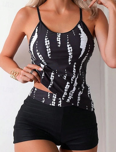 Tankini Sets Bathing Suit Swimwear Swimwear Black White Uv Protection Sleeveless - Surfing Beach Swimming Summer