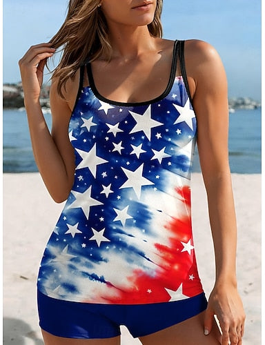 American Independence Day Swimwear Tankini 2 Piece Briefs Swimsuit Backless Vacation Beach Wear Graphic U Neck Sleeveless Bathing Suits