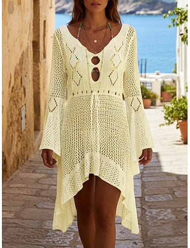 Swimwear Cover Up Swim Dress Swimsuit Cut Out Vacation Beach Wear Color V Neck Long Sleeve Bathing Suits