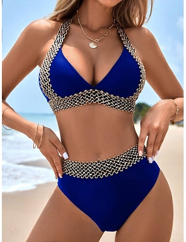 Bikini 2 Piece Swimsuit Colorblock Briefs Slim Backless Vacation Beach Wear Color Halter Neck Sleeveless Bathing Suits
