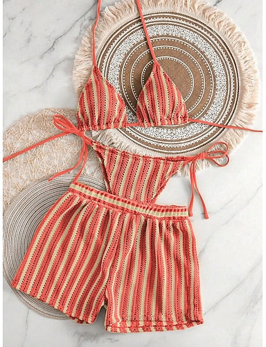 Bikini 2 Piece Swimsuit Thong Slim Backless Vacation Beach Wear Striped Halter Neck Sleeveless Bathing Suits