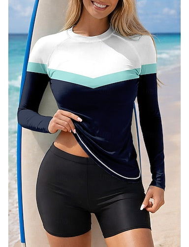 Rash Guard Swimsuit Rash Guard Tankini Swimsuits Geometric Color-blocking 2 Piece Removable Pad Boyleg Uv Sun Protection Upf50+ Uv Protection Long Sleeve Swimwear Sun Shirt Surfing Canoeing