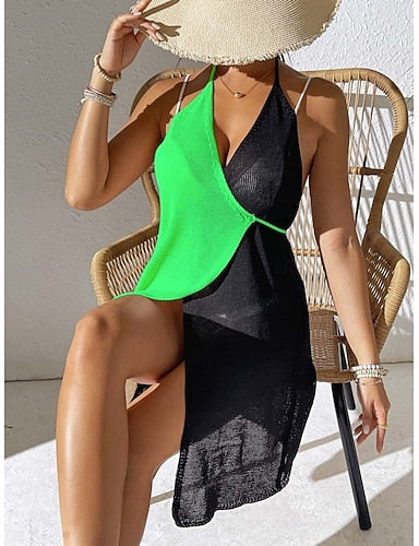 Cover Up Swimsuit Dress Patchwork Vacation Beach Wear Color V Neck Sleeveless Bathing Suits
