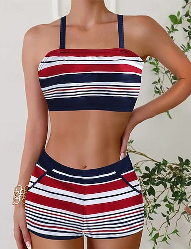 Swimwear 2 Piece Shorts Swimsuit Backless Vacation Beach Wear U Neck Sleeveless Bathing Suits