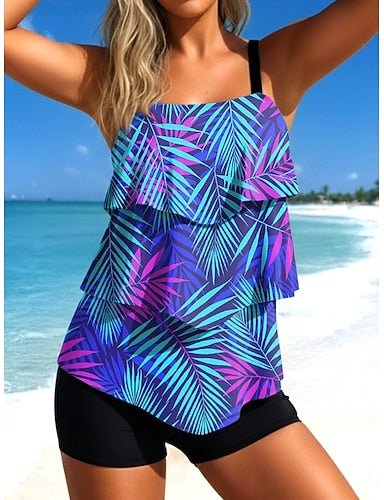 Tankini 2 Piece Swimsuit Palm High Waist Ruffle Layered Backless Vacation Beach Wear Ombre Graphic U Neck Sleeveless Bathing Suits