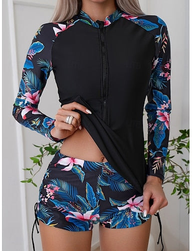 Tankini 2 Piece Swimsuit Zip Front Palm Shorts Tummy Control High Waist Slim Backless Vacation Beach Wear Leaves High Neck Long Sleeve Bathing Suits