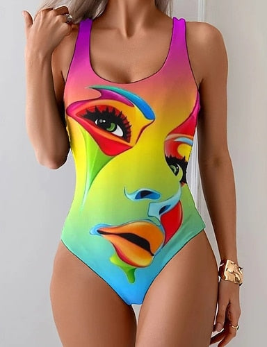 One Piece Swimsuit Slimming Monokini Briefs Tummy Control High Waist Slim Backless Vacation Ombre Graphic U Neck Sleeveless Bathing Suits