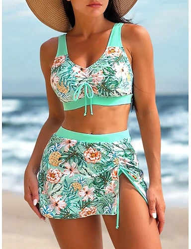 Swimwear Tankini Skirt Swimsuit Vacation Graphic V Neck Sleeveless Bathing Suits
