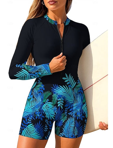 Rash Guard One Piece Surfing Suit Bathing Suit Tropical Color-blocking Zip Up With Built in Bra Removable Pad Uv Sun Protection Upf50+ Ultra Light (ul) Long Sleeve Swimwear Sun Shirt