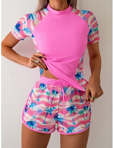Swimwear Tankini 2 Piece Shorts Swimsuit Tummy Control High Waist Slim Backless Vacation Beach Wear Graphic High Neck Short Sleeves Bathing Suits