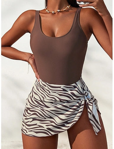 One Piece Swimsuit With Skirt Leopard Monokini High Cut Tummy Control High Waist Slim Backless Vacation Graphic U Neck Sleeveless Bathing Suits