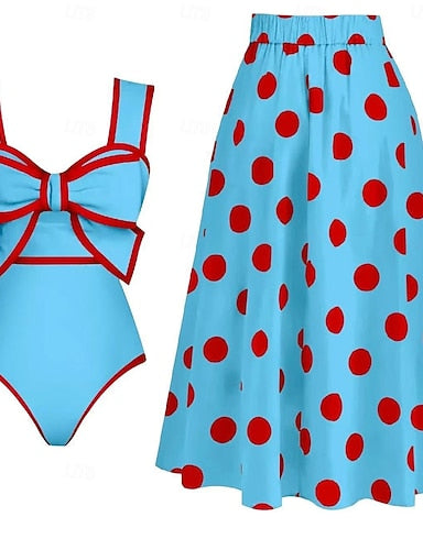 One Piece Swimsuit Monokini Skirt Tummy Control High Waist Slim Backless Vacation Beach Wear Polka Dot V Neck Sleeveless Bathing Suits