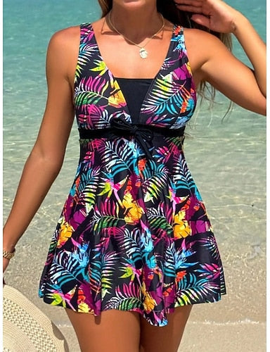 Swimwear Tankini 2 Piece High Waist Swimsuit Backless Vacation Beach Wear Graphic V Neck Sleeveless Bathing Suits