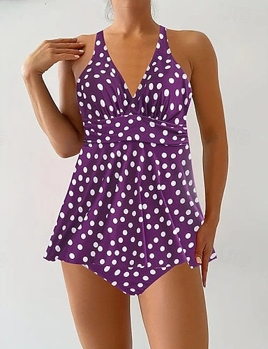 Swimwear 2 Piece Shorts Swimsuit Backless Vacation Beach Wear Polka Dot V Neck Sleeveless Bathing Suits