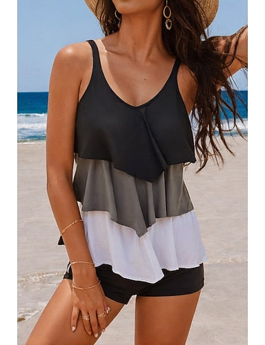 Tankini Swimsuit Color Block Layered Black Grey White Summer Beach Poolside Sporty Top With Shorts Wear Quick Dry Stretchy