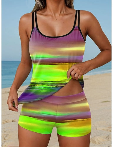 Tankini 2 Piece Swimsuit High Waist Backless Vacation Beach Wear Ombre Graphic U Neck Sleeveless Bathing Suits