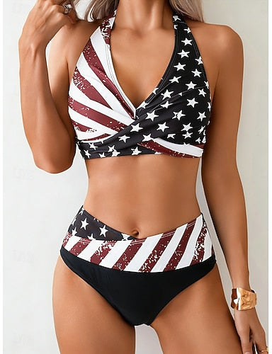 Independence Day American Swimwear One Piece High Cut Swimsuit Beach Wear Summer Graphic Flag U Neck Sleeveless Bathing Suits