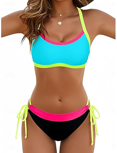 Swimwear Bikini 2 Piece Cheeky Swimsuit Slim Backless Vacation Beach Wear Color Block Scoop Neck Sleeveless Bathing Suits