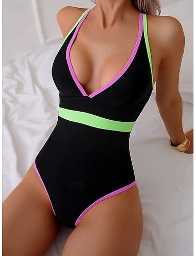 Swimwear One Piece Monokini High Cut Swimsuit Tummy Control High Waist Slim Backless Vacation Beach Wear Stripe V Neck Sleeveless Bathing Suits