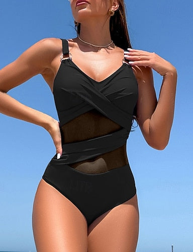One Piece Swimsuit V Neck Swimwear Colored Swimwear Black Navy Blue Quick Dry Lightweight Breathable Sleeveless - Swimming Surfing Beach Summer Spring