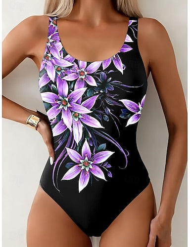 Swimwear One Piece Briefs Swimsuit Vacation Graphic Round Neck Sleeveless Bathing Suits