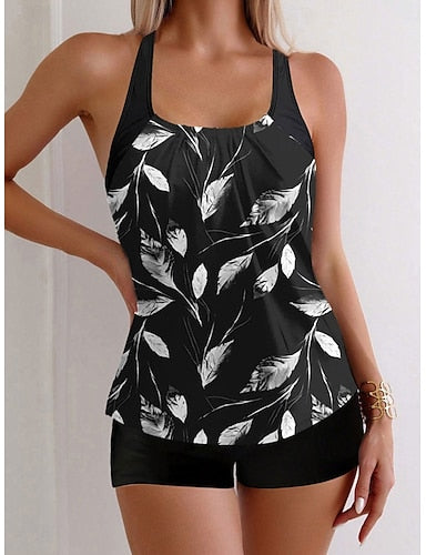Swimwear Tankini 2 Piece Boy Leg Swimsuit Backless High Waist Vacation Beach Wear Leaves Scoop Neck Sleeveless Bathing Suits