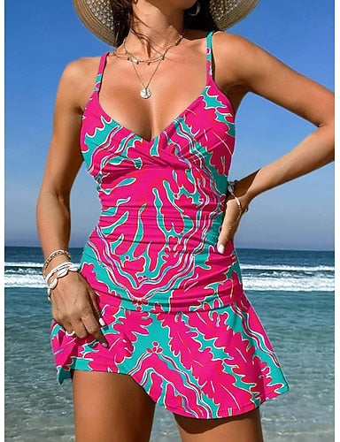 Swimwear One Piece Skirt Swimsuit Vacation Graphic Geometic V Neck Sleeveless Bathing Suits