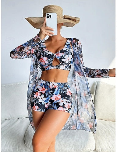 Bikini 3 Piece Swimsuit Palm Shorts Slim Backless Vacation Beach Wear V Neck Sleeveless Long Sleeve Bathing Suits