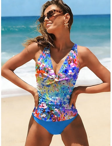 Tankini 2 Piece Swimsuit Slimming Ruched Shorts Lace Up Backless Vacation Beach Wear Ombre V Neck Sleeveless Bathing Suits