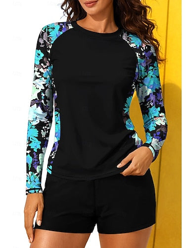 Regular Rash Guard Swimsuit Rash Guard Print Swimsuit Tropical Color-blocking 2 Piece Removable Pad Boyleg Uv Sun Protection Upf50+ Elastic Long Sleeve Swimwear Sun Shirt