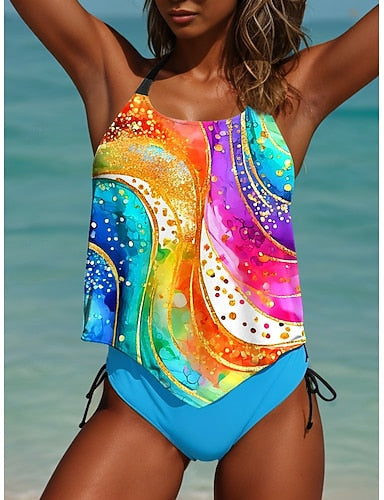 Tankini 2 Piece Swimsuit Cheeky S Backless Vacation Beach Wear Ombre U Neck Sleeveless Bathing Suits