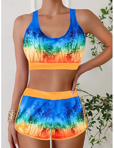 Bikini 2 Piece Swimsuit Colorblock Briefs Slim Backless Vacation Beach Wear Geometric Color Block Halter Neck Sleeveless Bathing Suits
