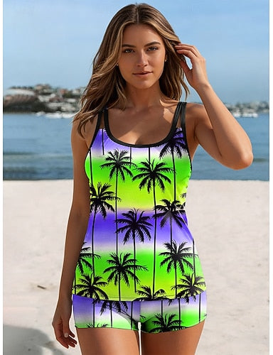 Swimwear Tankini 2 Piece High Waist Swimsuit Backless Vacation Beach Wear Ombre Graphic U Neck Sleeveless Bathing Suits