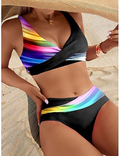Swimwear Bikini Cheeky Swimsuit Vacation Graphic Striped V Neck Sleeveless Bathing Suits