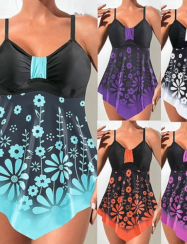 Swimwear 2 Piece Cheeky Swimsuit Backless Vacation Graphic V Neck Sleeveless Bathing Suits