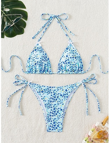 Swimwear Bikini 2 Piece Thong Swimsuit Slim Backless Vacation Beach Wear Halter Neck Sleeveless Bathing Suits