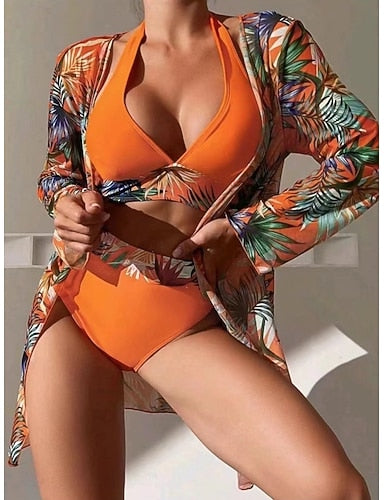 Bikini 3 Piece Swimsuit Palm Briefs Slim Backless Vacation Beach Wear Leaves Halter Neck Sleeveless Bathing Suits