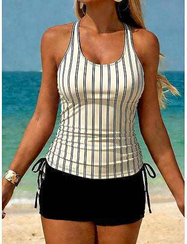 Swimwear Tankini 2 Piece Shorts Swimsuit Tummy Control High Waist Slim Backless Vacation Beach Wear Striped U Neck Sleeveless Bathing Suits