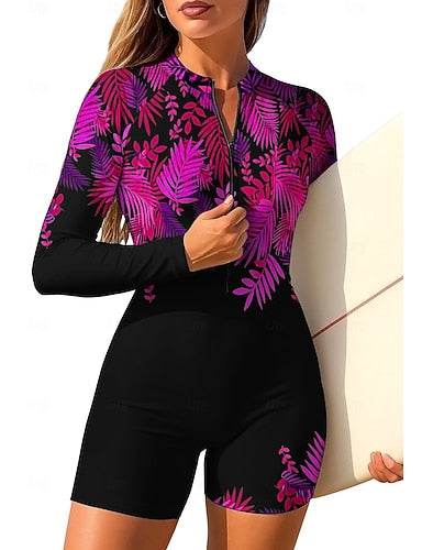Rash Guard One Piece Surfing Suit Bathing Suit Tropical Color-blocking Zip Up With Built in Bra Removable Pad Uv Sun Protection Upf50+ Ultra Light (ul) Long Sleeve Swimwear Sun Shirt