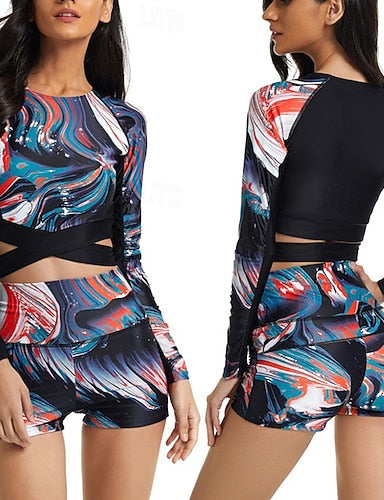 Tankini Two Piece Swimsuit Swimwear Swimwear Black Blue Breathable Quick Dry Long Sleeve - Swimming Surfing Snorkeling Summer