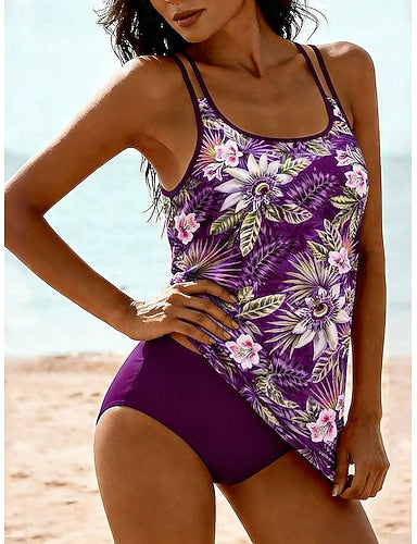 Swimwear Tankini 2 Piece Cheeky Swimsuit Tummy Control High Waist Slim Vacation Beach Wear Graphic Tropical U Neck Sleeveless Bathing Suits