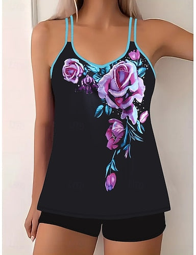 Tankini 2 Piece Swimsuit Boy Leg Tummy Control High Waist Slim Backless Vacation Beach Wear Geometric Scoop Neck Sleeveless Bathing Suits